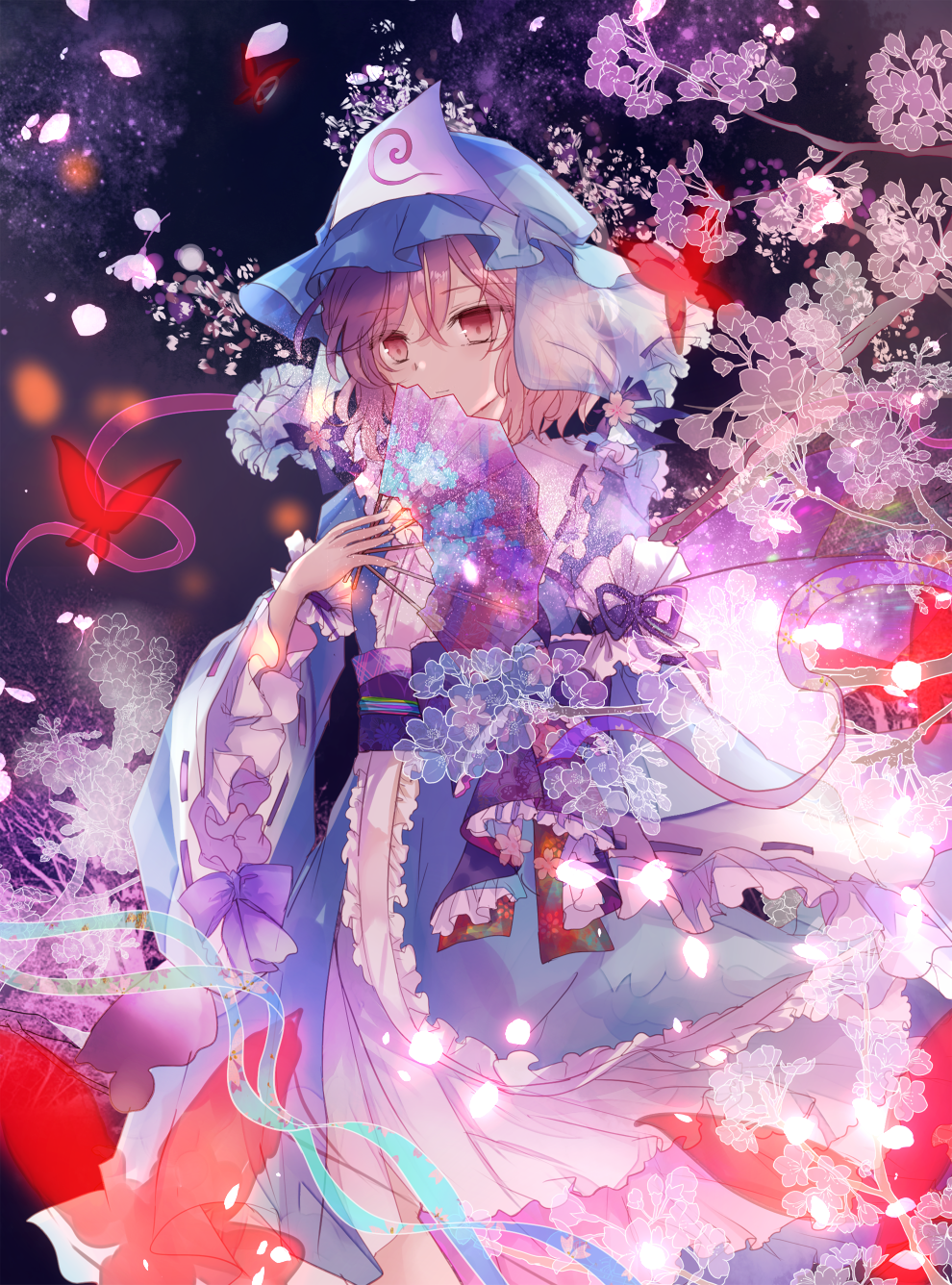 1girl arm_at_side bangs blue_headwear blue_kimono bow cherry_blossoms collar fan floral_print folding_fan frilled_collar frilled_sleeves frills hair_between_eyes hand_up hat highres holding holding_fan japanese_clothes kazu_(muchuukai) kimono light_smile long_sleeves looking_down mob_cap obi petals pink_eyes pink_hair pink_theme purple_background purple_bow purple_theme red_butterfly ribbon ribbon-trimmed_collar ribbon-trimmed_sleeves ribbon_trim saigyouji_yuyuko sash see-through shiny shiny_hair solo touhou transparent_butterfly transparent_flower tree_branch triangular_headpiece veil wide_sleeves wind