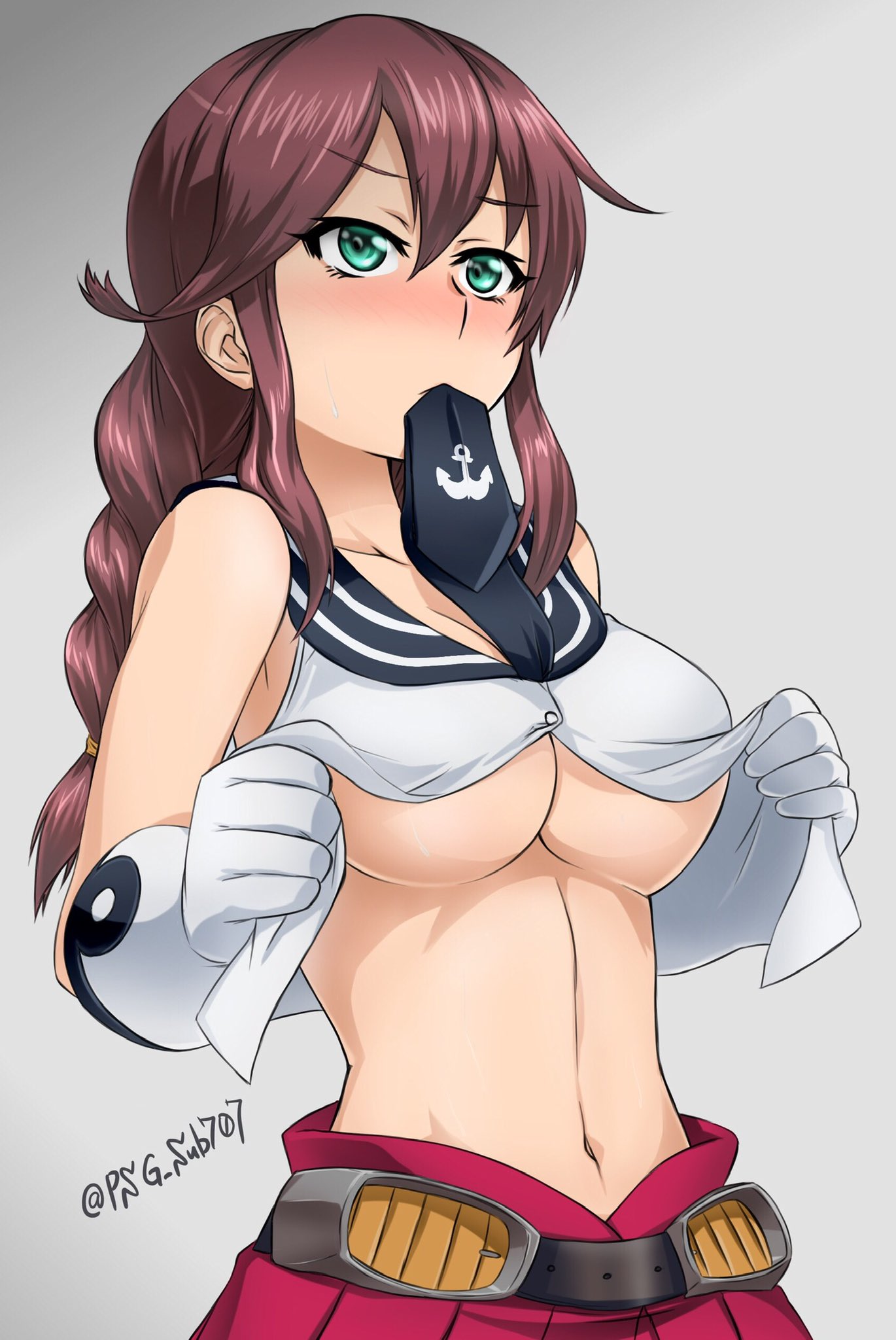 1girl akito_(sub707) bangs belt blush braid breasts brown_hair cleavage commentary_request gloves green_eyes grey_background highres kantai_collection long_hair navel necktie necktie_in_mouth noshiro_(kantai_collection) open_clothes open_shirt opened_by_self pleated_skirt red_skirt school_uniform serafuku simple_background skirt solo swept_bangs twin_braids twitter_username underboob upper_body white_gloves