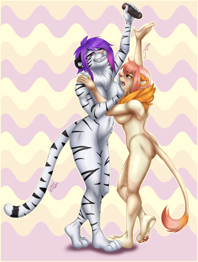 2019 angry anthro breasts conditional_dnp duo fangs felid female fur grin hair holding_object inner_ear_fluff lion mammal multicolored_hair navel neck_tuft nude open_mouth orange_eyes pantherine pattern_background pawpads purple_eyes remote_controll side_boob simple_background size_difference smile striped_fur stripes tail_tuft tiger tuft two_tone_hair vilani