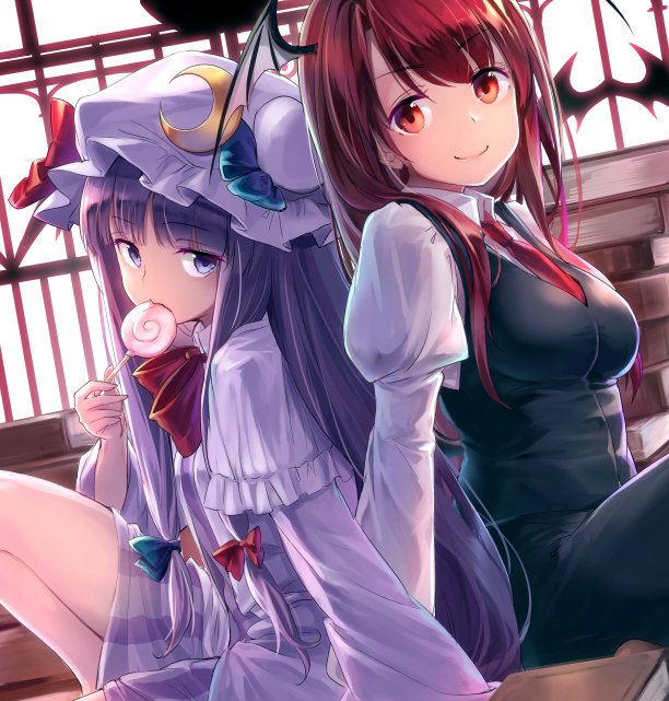 2girls arm_support bangs black_skirt black_vest blue_bow book bow breasts candy capelet commentary_request demon_wings dress eyebrows_visible_through_hair food frilled_capelet frills hand_up hat hat_bow head_wings holding holding_food indoors juliet_sleeves knee_up koakuma lollipop long_hair long_sleeves looking_at_viewer medium_breasts mob_cap multiple_girls necktie patchouli_knowledge puffy_sleeves purple_capelet purple_dress purple_eyes purple_hair purple_headwear red_bow red_eyes red_hair red_neckwear shirt short_dress sitting skirt skirt_set thighs touhou usotsuki_penta very_long_hair vest white_shirt wings