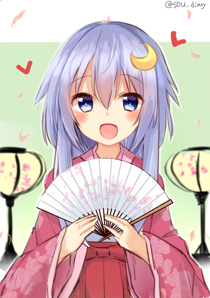 1girl :d bangs blue_eyes blue_hair blush commentary_request crescent crescent_hair_ornament eyebrows_visible_through_hair fan floral_print folding_fan green_background hair_between_eyes hair_ornament hakama hands_up heart holding holding_fan japanese_clothes kantai_collection long_hair long_sleeves open_mouth red_hakama smile solo sou_(soutennkouchi) twitter_username two-tone_background upper_body white_background wide_sleeves yayoi_(kantai_collection)
