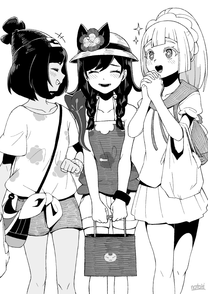 +_+ 3girls artist_name backpack bag beanie braid closed_eyes flower greyscale grin handbag hands_clasped hat hat_flower holding holding_bag lillie_(pokemon) long_hair mizuki_(pokemon) monochrome multiple_girls notori_d open_mouth own_hands_together paper_bag pokemon pokemon_(game) pokemon_sm pokemon_usum ponytail shirt short_hair short_sleeves shorts simple_background skirt smile sun_hat tank_top tied_shirt twin_braids white_background