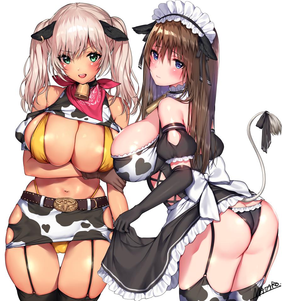 2girls animal_ears animal_print ass bare_shoulders bell bell_collar belt bikini black_gloves blush breasts brown_hair buckle cleavage collar cow_bell cow_ears cow_girl cow_print cow_tail detached_sleeves dress dress_lift elbow_gloves from_side gloves horns huge_breasts long_hair looking_at_viewer looking_back maid maid_headdress matarou_(genkai_toppa) miniskirt multiple_girls original puffy_detached_sleeves puffy_sleeves red_scarf scarf simple_background skindentation skirt solo swimsuit tail thighhighs twintails white_background white_hair yellow_bikini