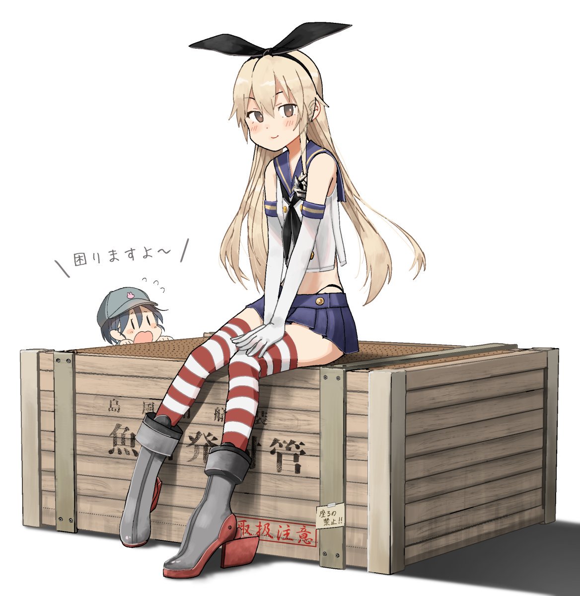 2girls anchor_hair_ornament annin_musou bangs black_neckwear black_panties blonde_hair blue_hair blue_skirt blush box brown_eyes chibi crate elbow_gloves fairy_(kantai_collection) full_body gloves hair_ornament hairband hat highleg highleg_panties highres kantai_collection long_hair minigirl multiple_girls open_mouth panties pleated_skirt sailor_collar school_uniform serafuku shadow shimakaze_(kantai_collection) simple_background sitting skirt smile striped striped_legwear thighhighs translation_request underwear white_background white_gloves