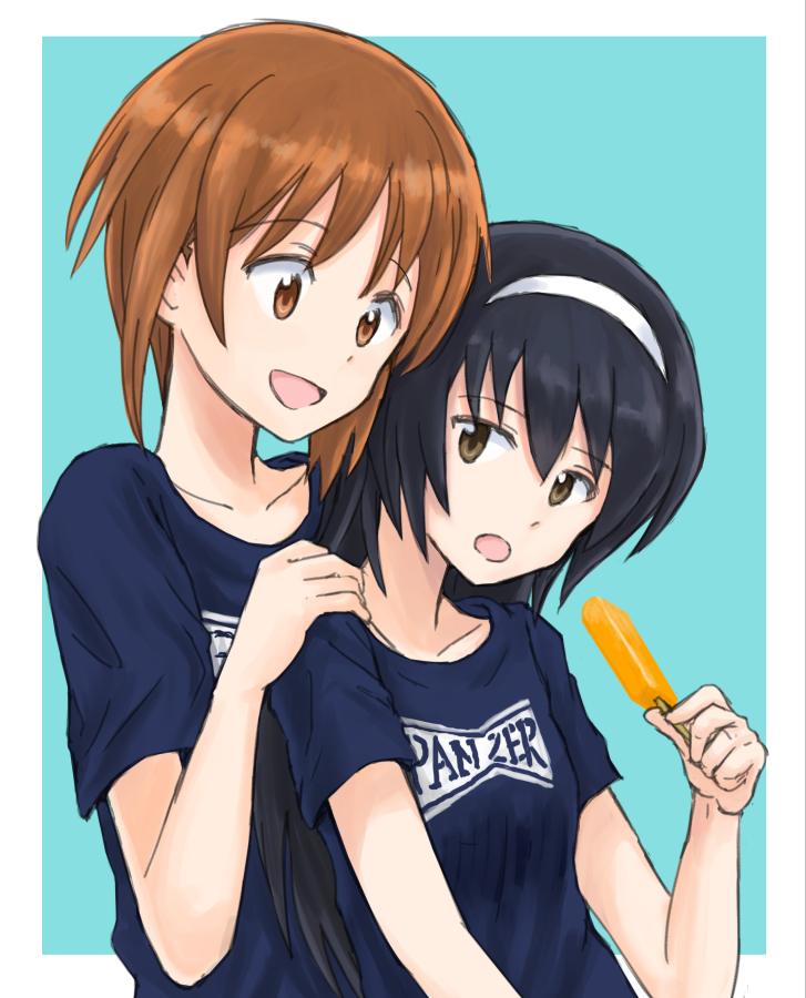 2girls aqua_background bangs black_hair brown_eyes brown_hair casual clothes_writing commentary eyebrows_visible_through_hair food girls_und_panzer hairband hand_on_another's_shoulder head_tilt holding holding_food leaning_back long_hair looking_at_another looking_at_viewer multiple_girls mutsu_(layergreen) navy_blue_shirt nishizumi_miho open_mouth outside_border popsicle print_shirt reizei_mako shirt short_hair short_sleeves smile t-shirt white_hairband