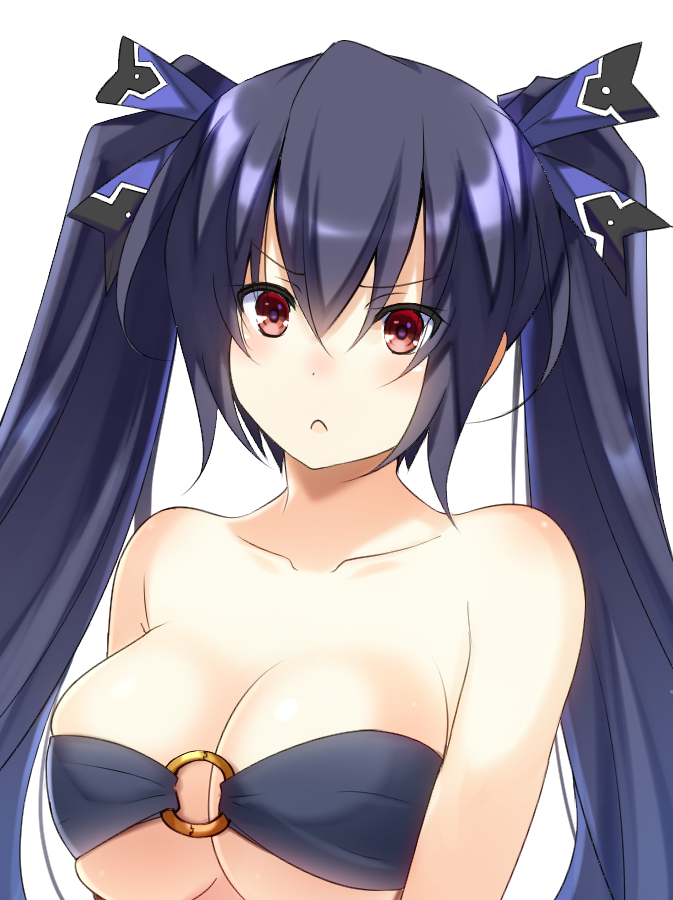 &gt;:( 1girl bandeau bangs bare_arms bare_shoulders bikini black_hair blue_ribbon breasts cleavage collarbone commentary_request doria_(5073726) eyebrows_visible_through_hair hair_between_eyes hair_ribbon large_breasts looking_at_viewer neptune_(series) noire o-ring o-ring_top red_eyes ribbon sidelocks simple_background solo strapless strapless_bikini swimsuit twintails upper_body white_background
