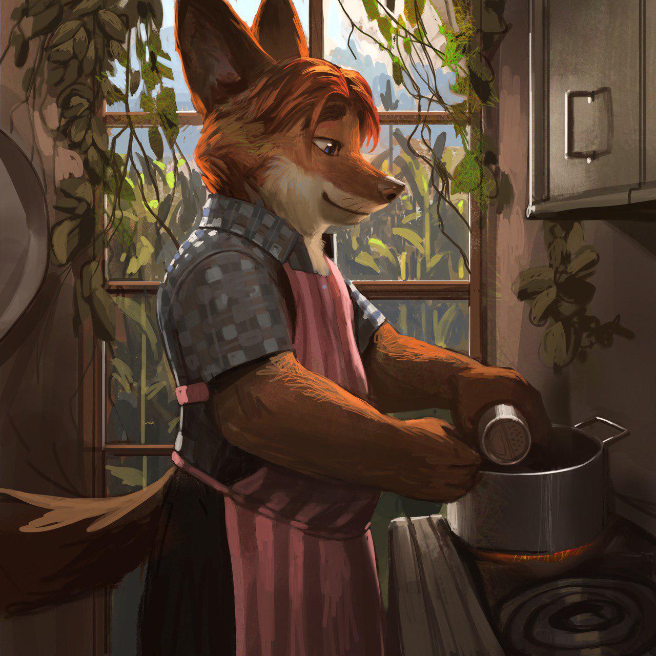 1:1 anthro apron black_nose blue_eyes bottomwear brown_hair canid canine clothed clothing cooking date detailed_background disney fire fox fur gideon_grey hair hi_res inside kitchen light lighting male mammal pants plant shirt smile solo stove tacklebox topwear whiskers window zootopia