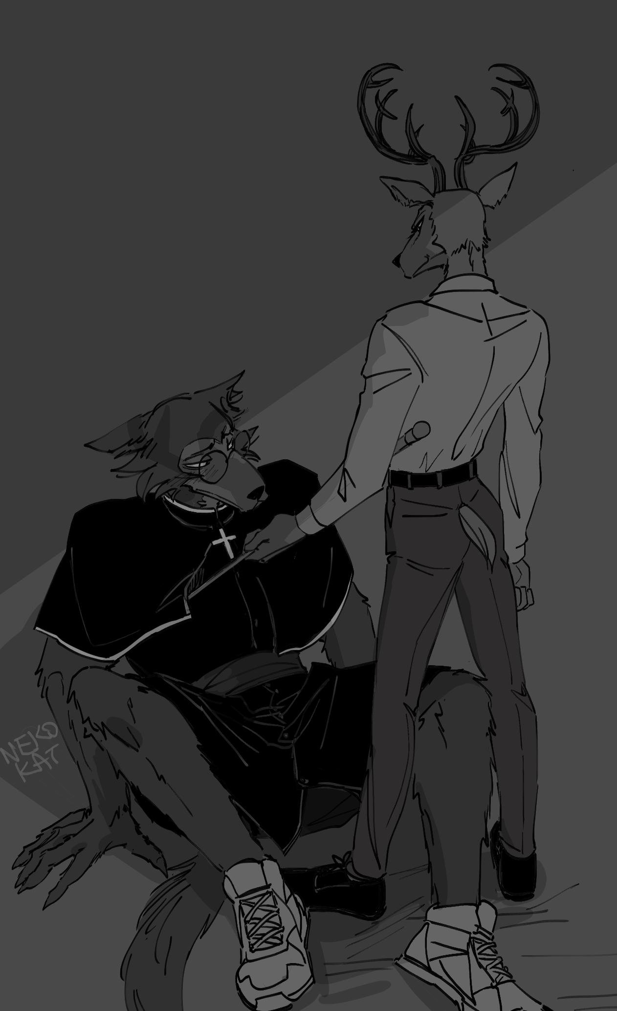 bdsm beastars canid canine canis cervid cervine clothing discipline embarrassed hi_res legosi_(beastars) louis_(beastars) male male/male mammal midriff monochrome nekokat42 priest red_deer riding_crop roleplay size_difference small_dom_big_sub suit teenager whip wolf young