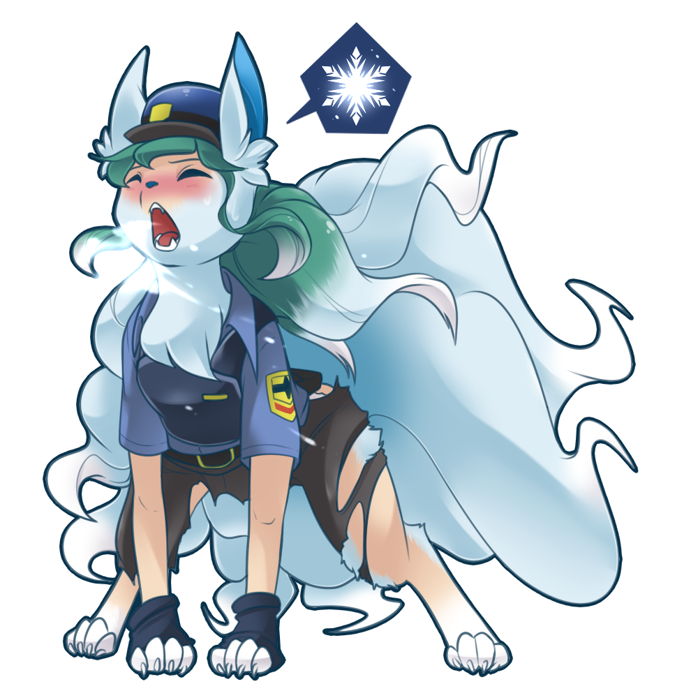 1:1 2019 all_fours alolan_ninetales alpha_channel belt blue_body blue_fur blue_hair blush bottomwear breath breath_powers chest_tuft claws clothing digitigrade eyes_closed fangs female fezmangaka fur gloves gradient_fur green_hair hair handwear hat headgear headwear human_to_feral ice_breathing inner_ear_fluff leg_tuft long_hair mid_transformation multicolored_hair ninetales nintendo officer_jenny open_mouth pants paws pok&eacute;mon pok&eacute;mon_(species) police_uniform regional_variant simple_background snowflake solo species_transformation tongue torn_bottomwear torn_clothing torn_pants transformation transparent_background tuft uniform video_games white_body white_claws white_fur