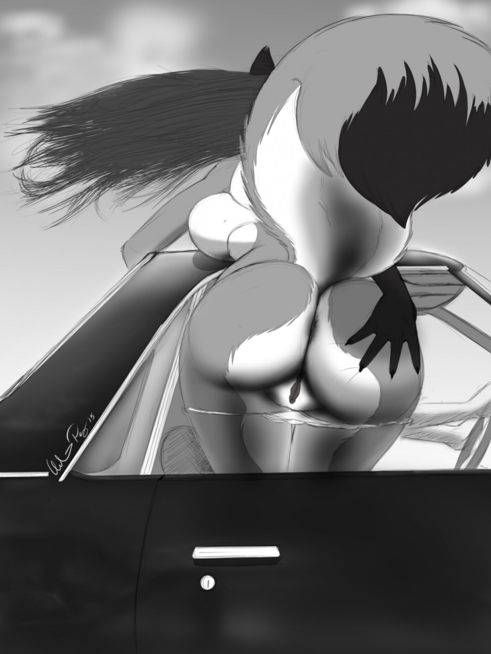 2015 5_fingers ambiguous_gender anthro bent_over biped bottomless bra breast_squish breasts butt canid canine car chevrolet chevrolet_el_camino clothed clothing countershading dipstick_tail driving duo exhibitionism faceless_ambiguous faceless_female female fingers fluffy fluffy_tail fox fur greyscale hair hand_on_butt hi_res inside_car long_hair low-angle_view mammal medium_breasts monochrome mooning mr_happy multicolored_body multicolored_fur multicolored_tail outside panties panties_down presenting presenting_hindquarters public pussy shaded signature simple_background solo_focus squish steering_wheel underwear vehicle