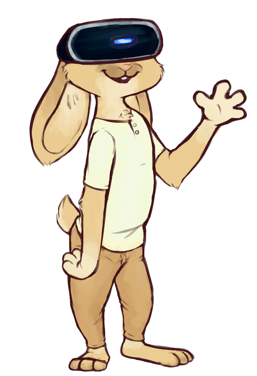 anthro barefoot bate_(artist) bottomwear buckteeth cheek_tuft clothed clothing ears_down elbow_tufts fur gesture hi_res inner_ear_fluff lagomorph leporid male mammal open_mouth open_smile pants pivoted_ears rabbit scut_tail shirt simple_background smile solo tan_body tan_fur teeth topwear tuft vr_headset vrbit_(comicanon) waving white_background