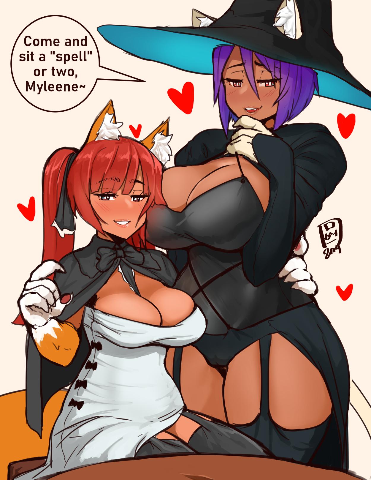 animal_humanoid big_breasts blush breasts cat_humanoid cleavage clothed clothing felid felid_humanoid feline feline_humanoid female garter_belt garter_straps hair hi_res huge_breasts humanoid legwear mammal mammal_humanoid purple_hair red_hair rirouku speech_bubble text thigh_highs