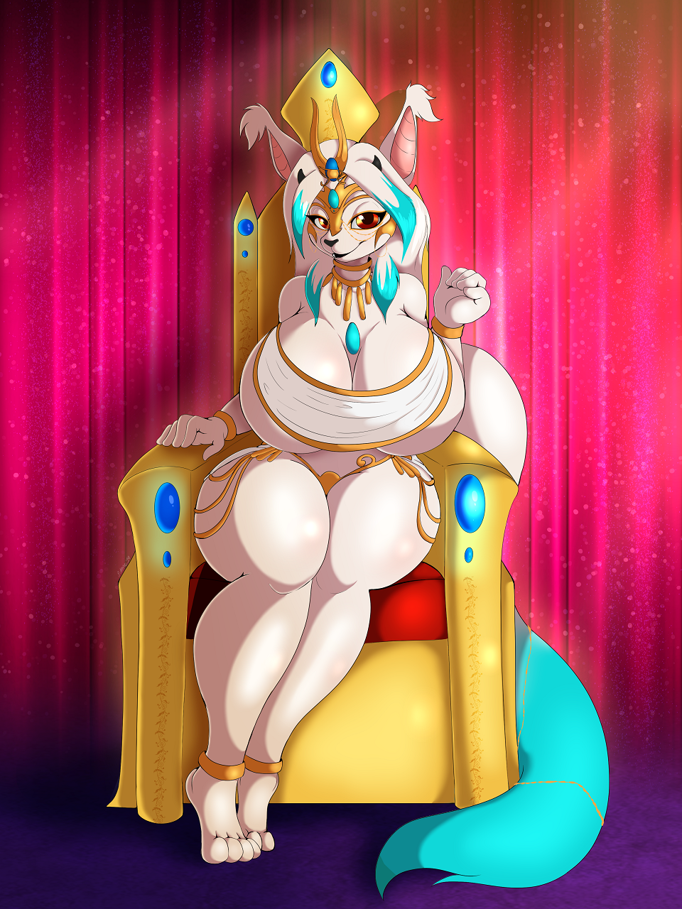 2019 4_toes 5_fingers anthro big_breasts breasts chair clothing digital_media_(artwork) ear_tuft female fingers furniture hi_res huge_breasts looking_at_viewer lyrian princess_vaxi sitting smile solo suirano throne toes tuft