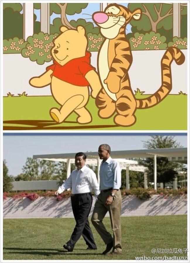 anthro barack_obama bottomless clothed clothing day disney duo felid flower grass human humor looking_down male mammal nude outside pantherine pink_nose plant pooh_bear shadow shirt shrub sky smile stripes t-shirt tiger tigger topwear tree unknown_artist ursid walking whiskers winnie_the_pooh_(franchise) xi_jinping
