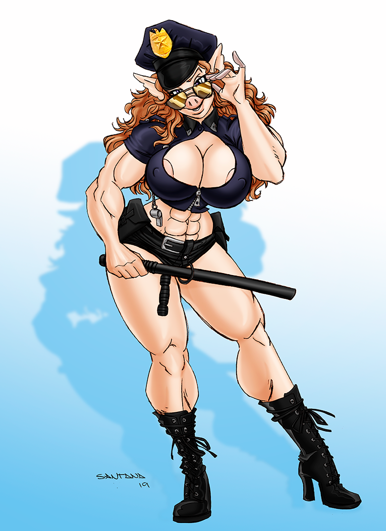 abs anthro areola areola_slip baton biceps big_breasts boots bottomwear breasts brown_hair cleavage clothed clothing digital_media_(artwork) domestic_pig eyewear female footwear hair headgear headwear hotpants jilo long_hair looking_at_viewer ludwig_bullworth_jackson_(copyright) mammal muscular muscular_female navel nipple_outline police_baton police_cap police_uniform shorts simple_background smile solo standing suea_sowwet suid suina sunglasses sus_(pig) thick_thighs uniform wavy_hair whistle zipper