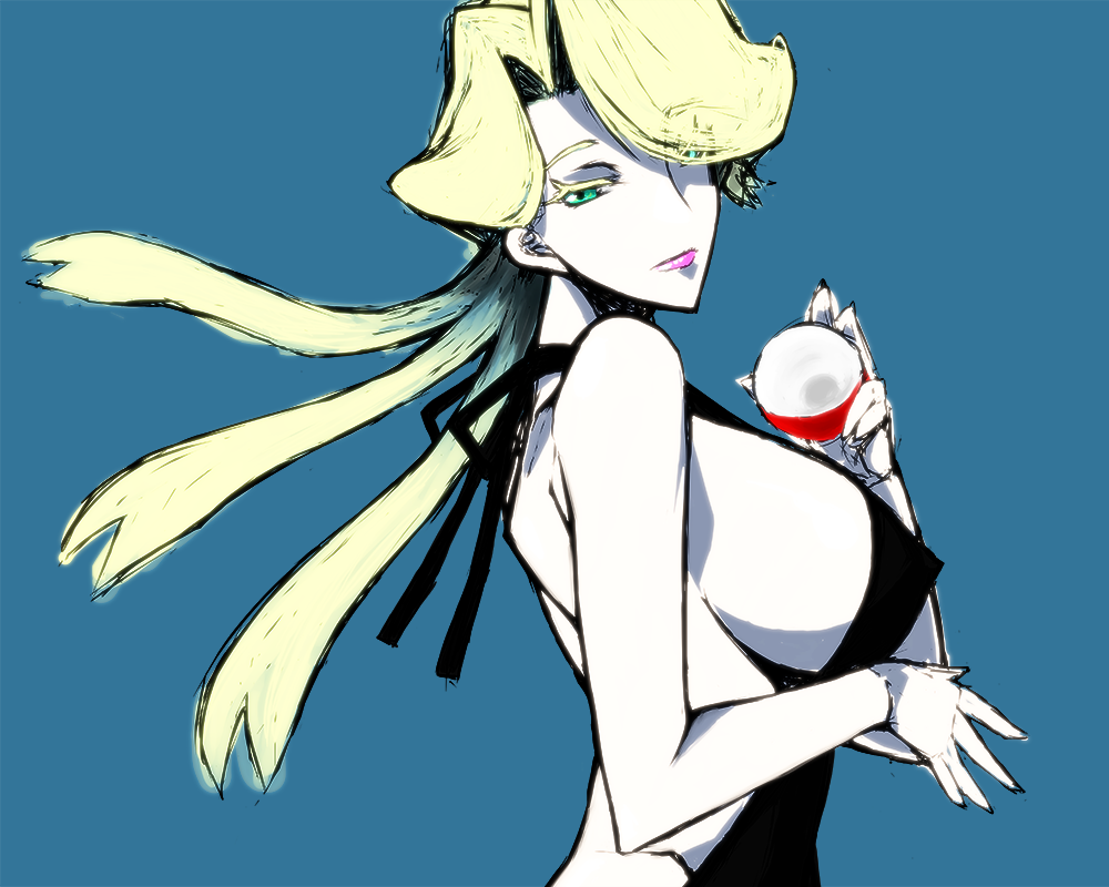 1girl backless_dress backless_outfit black_dress blonde_hair blue_background blue_eyes breasts dress elite_four ggarden hair_over_one_eye holding holding_poke_ball huge_breasts lipstick long_hair looking_at_viewer looking_to_the_side makeup poke_ball poke_ball_(generic) pokemon pokemon_(game) pokemon_oras pokemon_rse prim_(pokemon) sideboob simple_background smile solo upper_body