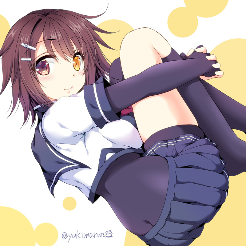 1girl black_legwear black_sailor_collar bodysuit brown_hair butt_crack elbow_gloves fetal_position furutaka_(kantai_collection) gloves glowing glowing_eye heterochromia kantai_collection leg_hug looking_at_viewer mismatched_legwear remodel_(kantai_collection) sailor_collar sailor_shirt school_uniform serafuku shirt short_hair single_elbow_glove solo tamagawa_yukimaru twitter_username two-tone_background white_background yellow_eyes