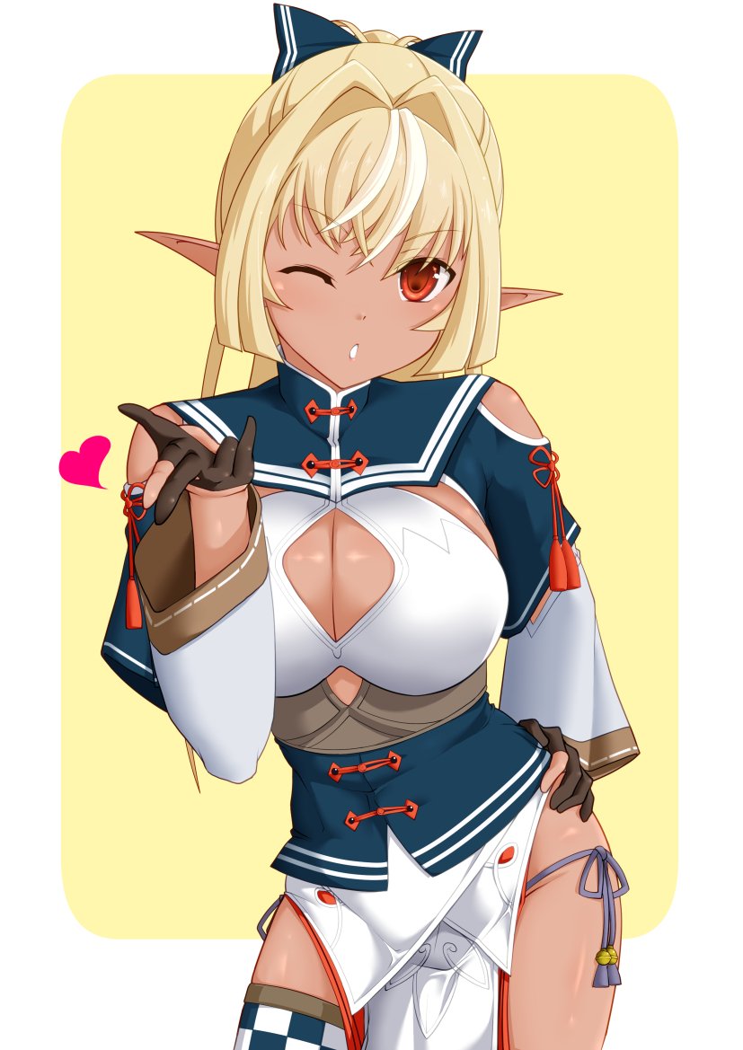 1girl bangs bare_shoulders black_gloves blonde_hair blown_kiss blue_bow bow breasts cleavage cleavage_cutout commentary corset cowboy_shot dark_skin elf gloves groin hair_bow hand_on_hip heart hololive large_breasts long_hair looking_at_viewer one_eye_closed parted_lips partly_fingerless_gloves pointy_ears ponytail red_eyes seushiki_(ponti-ron) shiranui_flare simple_background single_thighhigh solo string_panties thighhighs thighs virtual_youtuber yellow_background