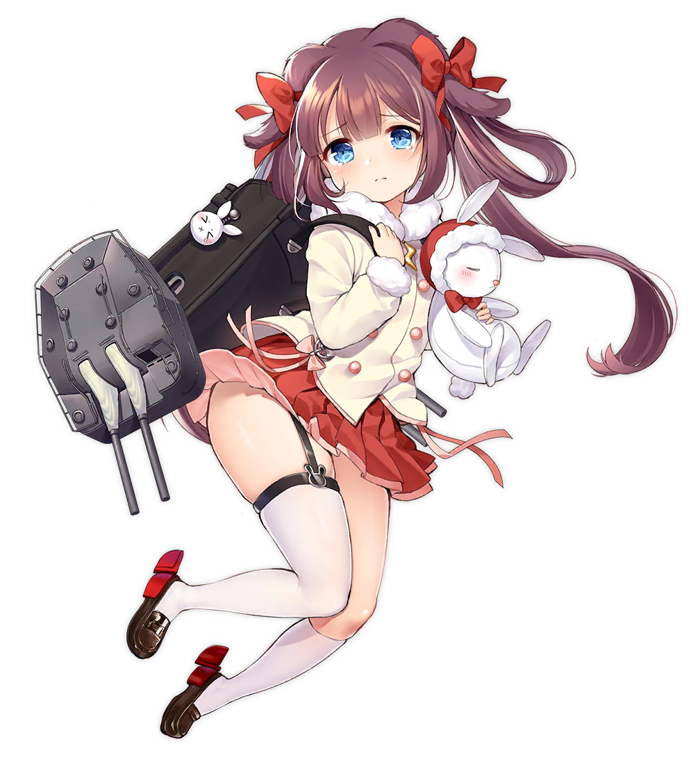 1girl azur_lane blue_eyes blush bow brown_footwear brown_hair closed_mouth coat eyebrows_visible_through_hair full_body garter_straps hair_bow holding holding_stuffed_animal kiyonami_(azur_lane) kneehighs loafers looking_at_viewer official_art philomelalilium red_bow red_skirt shoes single_kneehigh single_thighhigh skindentation skirt solo stuffed_animal stuffed_bunny stuffed_toy thighhighs transparent_background twintails white_legwear