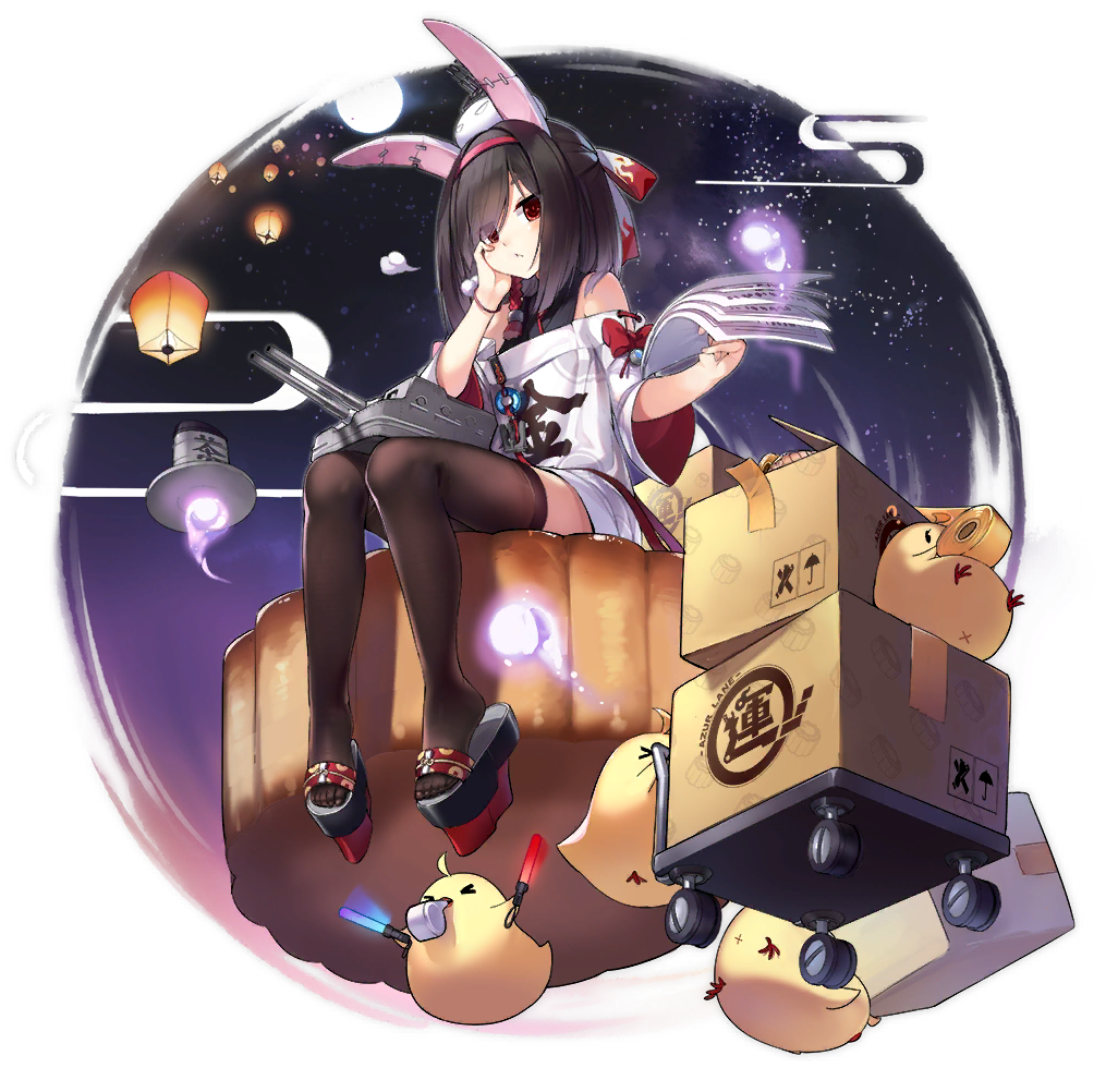 1girl aixioo animal_ears azur_lane bird black_hair box brown_legwear bunny_ears chick dress geta hand_on_own_cheek hitodama lantern manjuu_(azur_lane) mooncake off_shoulder official_art paper_lantern red_eyes shiranui_(azur_lane) sitting solo thighhighs transparent_background turret