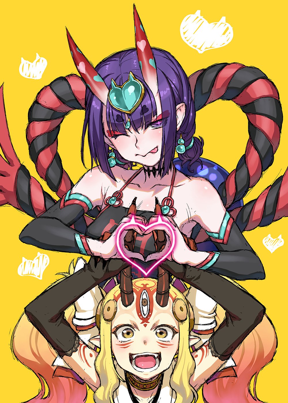 2girls :p arm_warmers blonde_hair commentary_request eyebrows_visible_through_hair eyeshadow facial_mark fangs fate/grand_order fate_(series) heart heart_hands highres ibaraki_douji_(fate/grand_order) makeup multiple_girls oni_horns open_mouth purple_hair shuten_douji_(fate/grand_order) shuten_douji_(halloween_caster)_(fate) symbol-shaped_pupils tamori_tadaji tongue tongue_out yellow_background