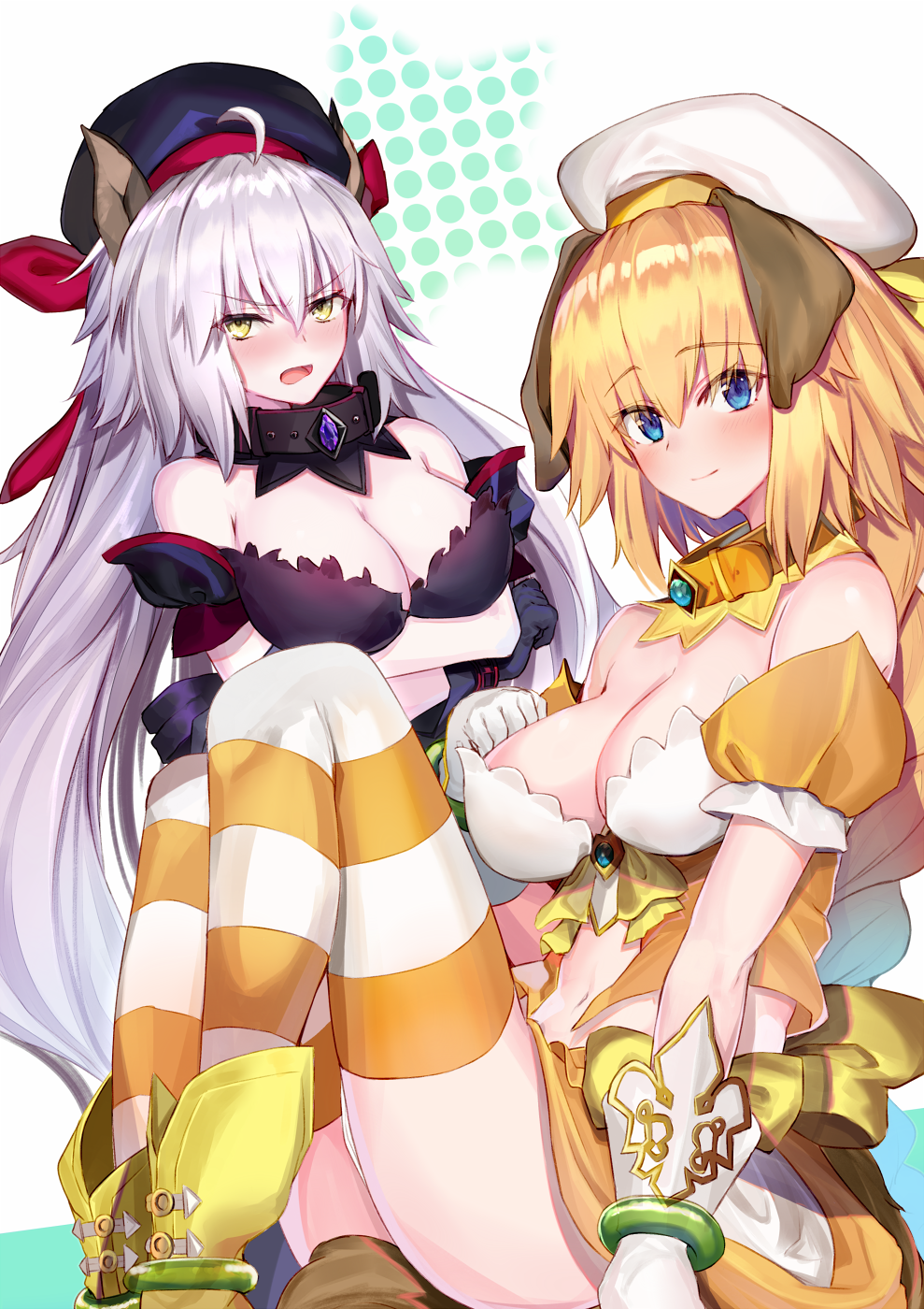 2girls ahoge alternate_costume animal_ears bangs belt_collar black_gloves blonde_hair blue_eyes blush braid breast_hold breasts cleavage closed_mouth collar collarbone commentary_request crossed_arms detached_collar detached_sleeves embarrassed eyebrows_visible_through_hair fake_animal_ears fate/apocrypha fate/grand_order fate_(series) from_side frown gloves highres jeanne_d'arc_(alter)_(fate) jeanne_d'arc_(fate) jeanne_d'arc_(fate)_(all) large_breasts light_smile long_braid long_hair midriff multiple_girls ninoude_(ninoude44) open_mouth rojiura_satsuki:_chapter_heroine_sanctuary short_sleeves silver_hair single_braid sitting skirt thighhighs thighs very_long_hair white_gloves yellow_eyes yellow_skirt