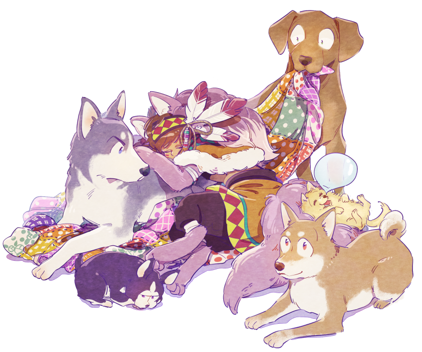 1boy 720_72 animal animal_ears animalization bandages bangs blanket brown_hair capelet closed_eyes dark_skin dark_skinned_male dog dog_ears dog_paws dog_tail feathers full_body fur_trim furry hair_feathers headband looking_at_another lying male_focus matsuno_choromatsu matsuno_ichimatsu matsuno_juushimatsu matsuno_karamatsu matsuno_osomatsu matsuno_todomatsu mouth_hold nose_bubble on_side osomatsu-kun osomatsu-san pants paws rope sash simple_background sleeping stitches tail white_background