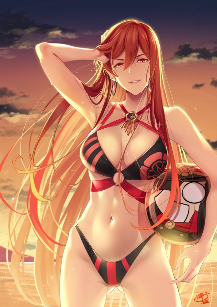1girl ass_visible_through_thighs ball bangs beach beachball bikini breasts collarbone criss-cross_halter earrings fate/grand_order fate_(series) feet_out_of_frame halterneck hand_on_own_head highleg highleg_bikini holding_beachball hoop_earrings jewelry large_breasts lipstick long_hair makeup mountain navel o-ring o-ring_top ocean oda_nobunaga_(fate) oda_nobunaga_(maou_avenger)_(fate) okitakung orange_eyes parted_lips red_hair signature solo striped striped_bikini sunset swimsuit very_long_hair water