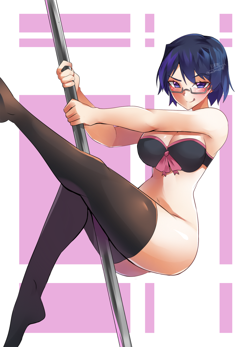 1girl :q artist_name black_bra black_legwear blue_hair bottomless bow bow_bra bra breasts commentary english_commentary eyebrows_visible_through_hair glasses hakamichi_shizune highres katawa_shoujo kuroeart large_breasts looking_at_viewer naughty_face pole_dancing purple_eyes raised_eyebrows rectangular_eyewear semi-rimless_eyewear short_hair signature simple_background smile solo stripper_pole thighhighs tongue tongue_out under-rim_eyewear underwear underwear_only