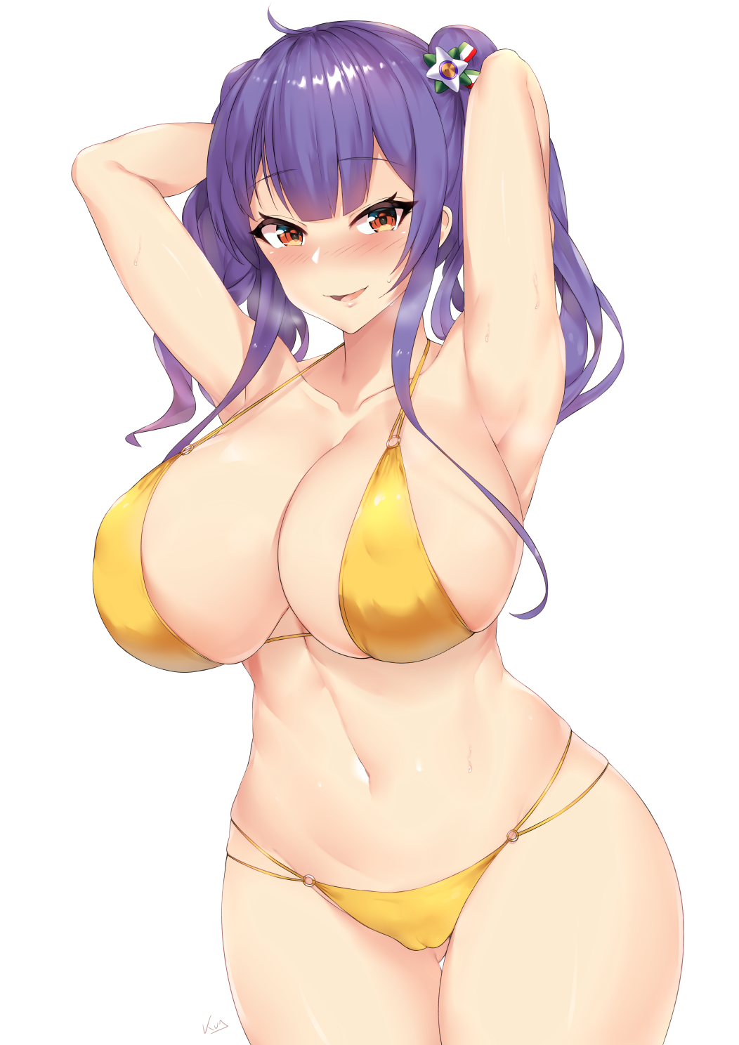 1girl ahoge armpits arms_behind_head arms_up artist_name ass_visible_through_thighs azur_lane bangs bikini blue_hair blush breasts breath cameltoe cleavage collarbone cowboy_shot curvy eyebrows_visible_through_hair feet_out_of_frame hair_ornament half-closed_eyes highleg highleg_bikini highres huge_breasts kuavera large_breasts lips long_hair looking_at_viewer multi-strapped_bikini_bottom navel o-ring o-ring_bikini o-ring_bottom o-ring_top open_mouth orange_eyes pola_(azur_lane) signature simple_background skindentation smile solo stomach string_bikini sweat swimsuit twintails white_background yellow_bikini