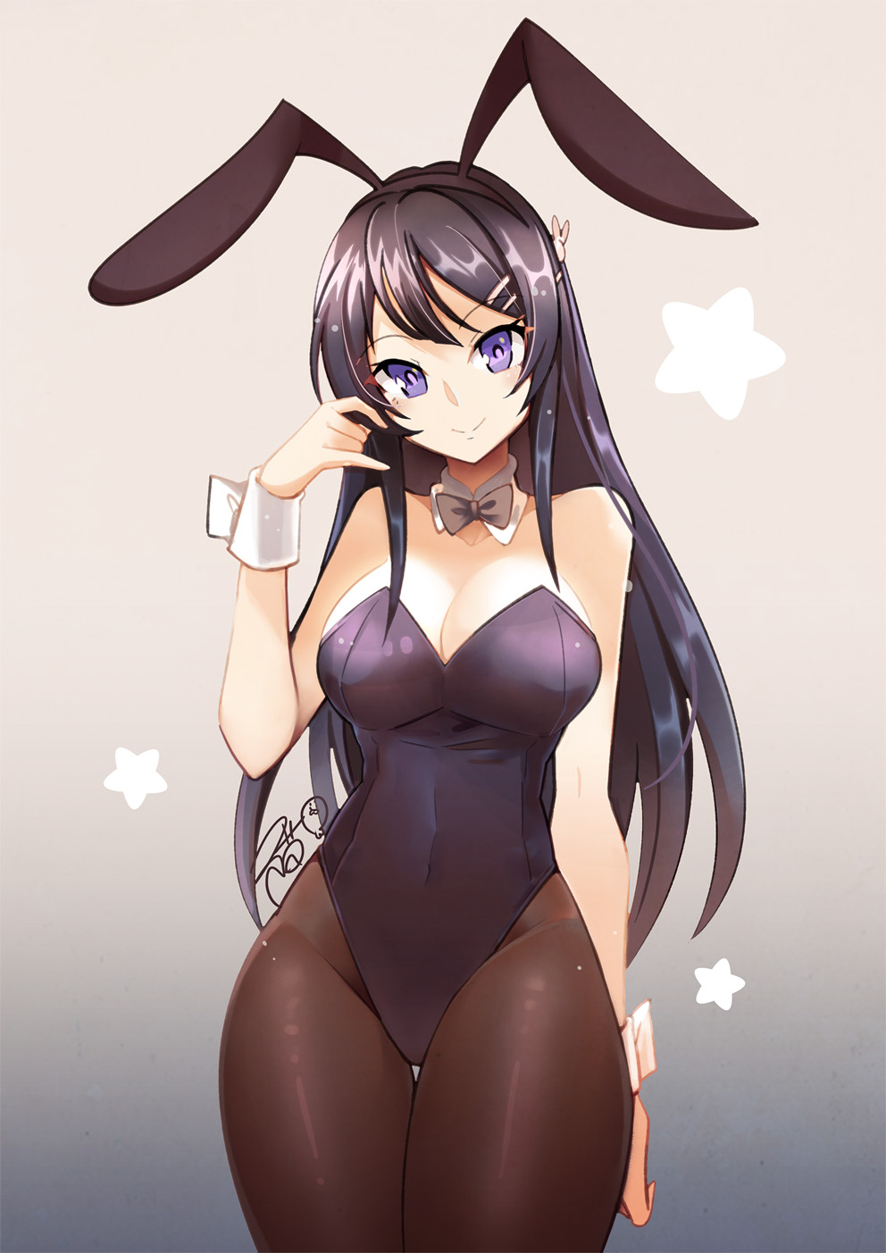 1girl aa2233a animal_ears arm_at_side bare_shoulders black_bow black_hair blue_eyes bow bowtie breasts brown_legwear bunny_ears bunny_girl bunny_hair_ornament bunnysuit cat_ears cleavage covered_navel detached_collar fake_animal_ears hair_ornament hairclip hand_up highres large_breasts leotard long_hair looking_at_viewer pantyhose sakurajima_mai seishun_buta_yarou simple_background smile solo star thigh_gap wrist_cuffs