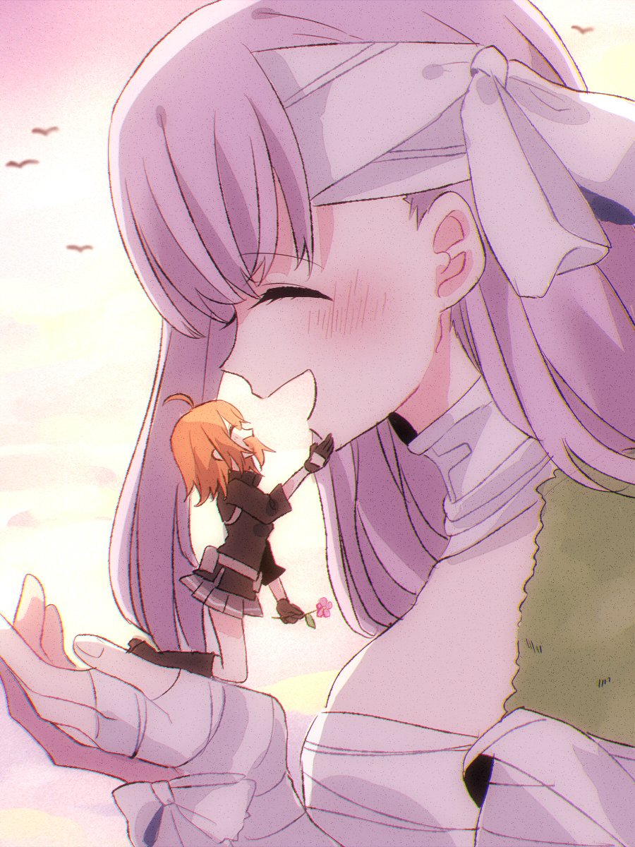 2girls :d ^_^ ahoge bandages belt closed_eyes fate/extra fate/extra_ccc fate/grand_order fate_(series) flower from_side fujimaru_ritsuka_(female) giantess happy highres in_palm kingprotea multiple_girls open_mouth orange_hair pleated_skirt polar_chaldea_uniform profile purple_hair size_difference skirt smile