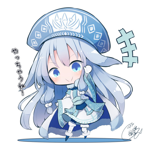 &gt;:) +++ 1girl ainu_clothes alternate_color bangs beni_shake blue_footwear blue_headwear blush chibi closed_mouth commentary_request eyebrows_visible_through_hair fate/grand_order fate_(series) full_body fur-trimmed_boots fur_trim gloves hair_between_eyes hand_up hat illyasviel_von_einzbern leaning_to_the_side long_hair long_sleeves pantyhose shadow silver_hair sitonai smile solo standing v-shaped_eyebrows very_long_hair white_background white_gloves white_legwear wide_sleeves