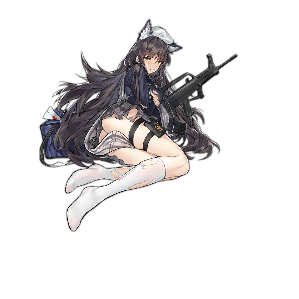 1girl alternate_costume animal_ear_fluff animal_ears assault_rifle bag bangs black_hair blue_sweater blush breasts brown_footwear bullpup cat_ears eyebrows_visible_through_hair finger_to_mouth girls_frontline grey_scarf gun hair_ornament hat heart holding kneehighs large_breasts legs loafers long_hair long_sleeves looking_at_viewer nishiro_ryoujin official_art parted_lips qbz-95 qbz-95_(girls_frontline) rifle scarf school_uniform shoes shoes_removed shushing sitting skirt solo sweater thigh_strap torn_clothes torn_legwear torn_skirt torn_sweater transparent_background very_long_hair weapon white_headwear white_legwear yellow_eyes