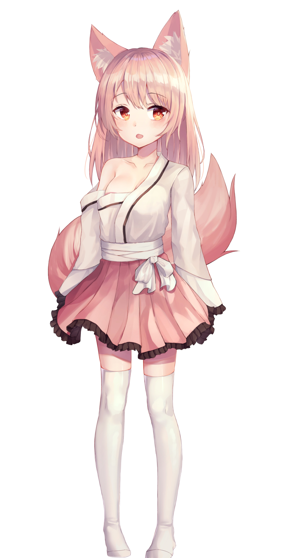 1girl animal_ear_fluff animal_ears bangs blush bow brown_hair cat_ears collarbone commentary eyebrows_visible_through_hair fox_ears fox_girl fox_tail frilled_skirt frilled_sleeves frills highres japanese_clothes kimono long_hair long_sleeves looking_at_viewer no_shoes off_shoulder open_mouth pigeon-toed pink_skirt pleated_skirt red_eyes shiro_(acad1213) simple_background skirt solo standing tail talesshop thighhighs white_background white_bow white_kimono white_legwear