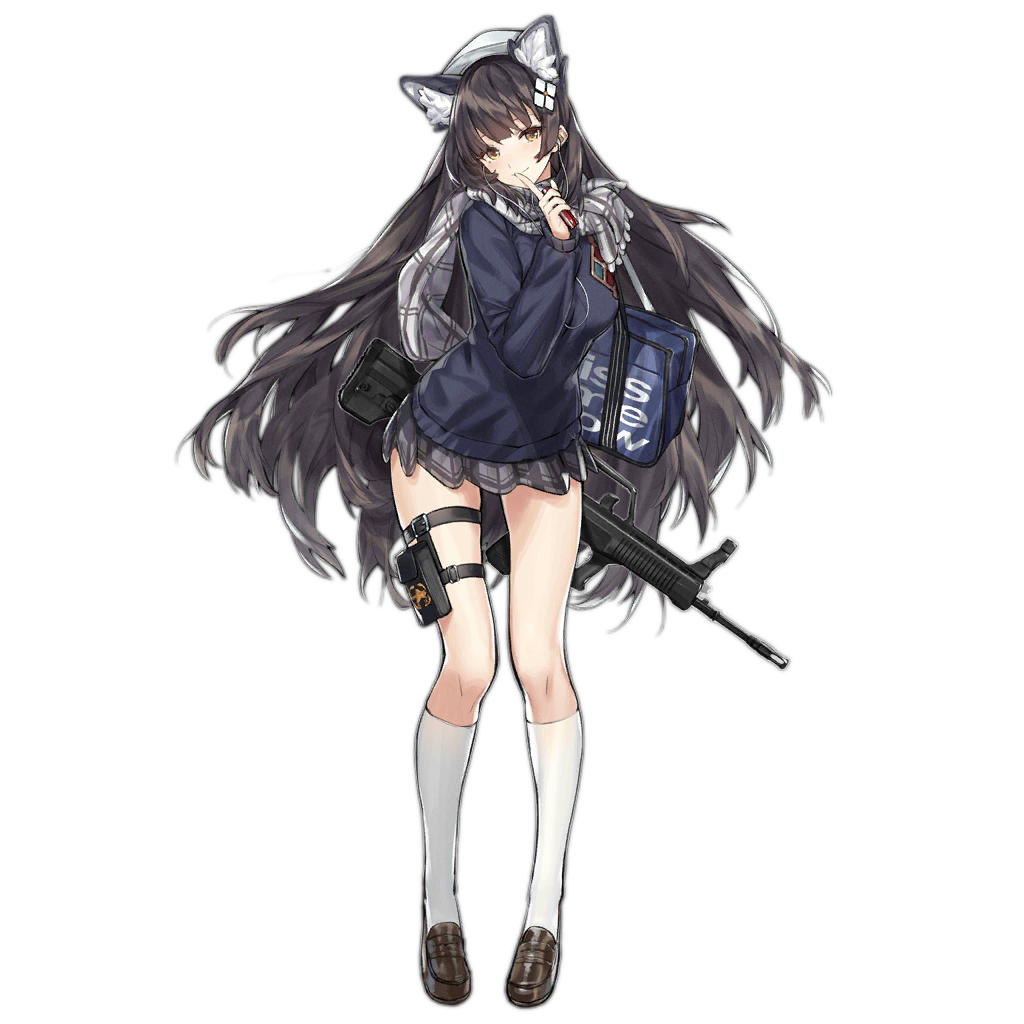 1girl alternate_costume animal_ear_fluff animal_ears assault_rifle bangs black_hair blue_sweater blush breasts brown_footwear bullpup cat_ears closed_mouth earphones eyebrows_visible_through_hair finger_to_mouth girls_frontline grey_scarf gun hair_ornament hat holding kneehighs large_breasts loafers long_hair long_sleeves looking_at_viewer media_player nishiro_ryoujin official_art qbz-95 qbz-95_(girls_frontline) rifle scarf school_uniform shoes shushing smile solo sweater thigh_strap transparent_background very_long_hair weapon white_headwear white_legwear yellow_eyes