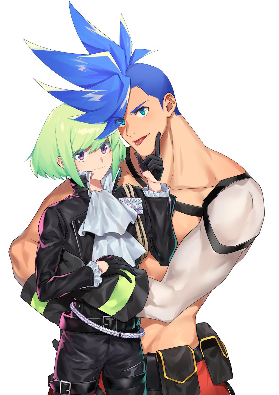 2boys blue_eyes blue_hair chin_grab cravat galo_thymos green_hair highres hug ke889 lio_fotia looking_at_viewer male_focus multiple_boys promare purple_eyes shirtless size_difference spiked_hair tongue tongue_out