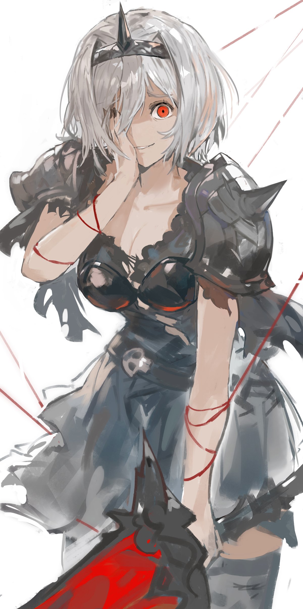 1girl absurdres andrian_gilang armor belt black_nails black_skirt breasts cleavage collarbone covering_one_eye djeeta_(granblue_fantasy) djeeta_(granblue_fantasy)_(alter_ego_conjurer) granblue_fantasy grin hairband highres red_eyes short_hair shoulder_armor silver_hair simple_background skirt smile solo spiked_hairband spikes thighhighs white_background