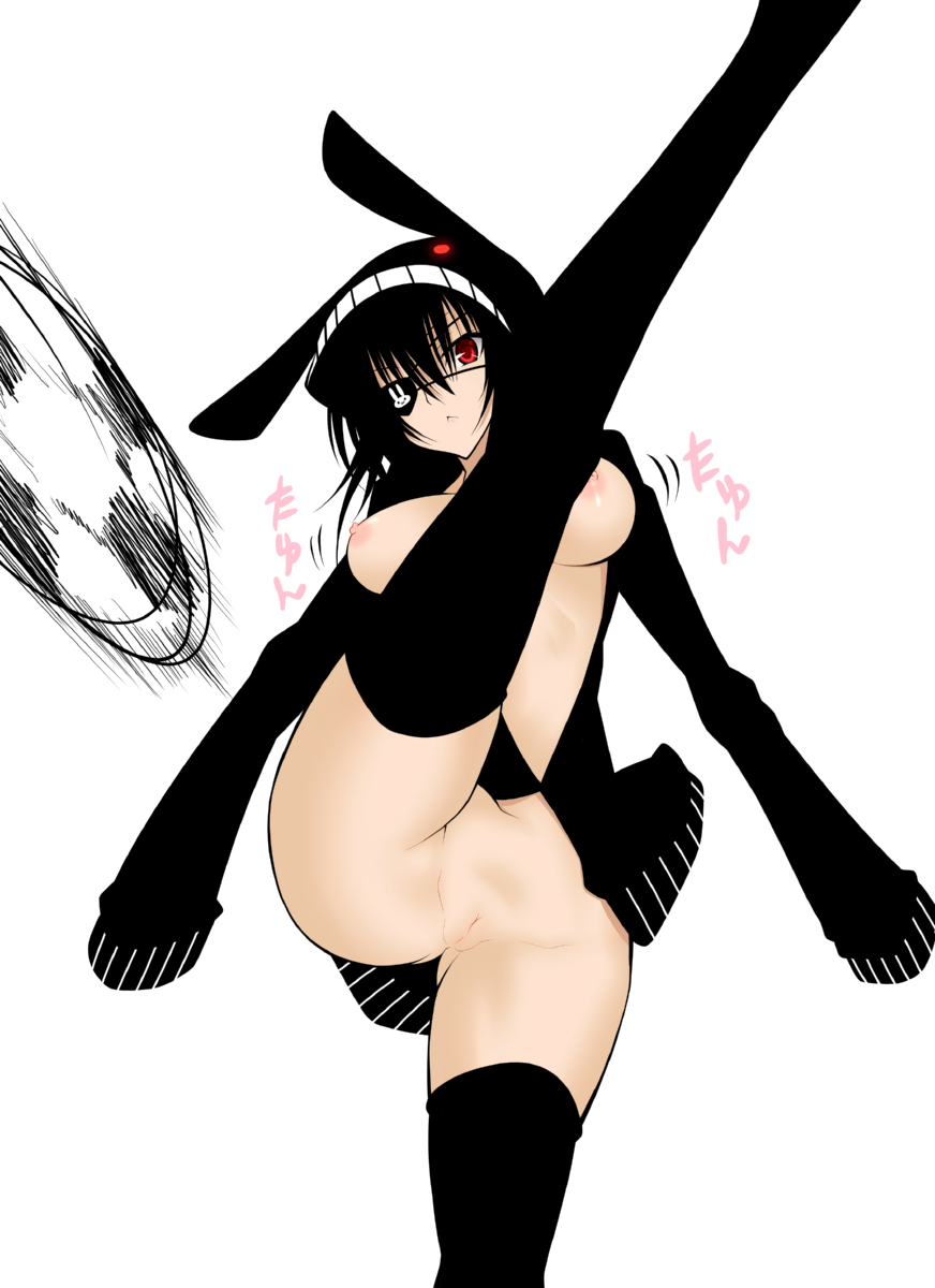 :&lt; bad_id bad_pixiv_id black_hair black_legwear breasts daive darth_wooser eyepatch highres kicking large_breasts nipples no_panties open_clothes original playing_sports pussy red_eyes soccer solo sport thighhighs uncensored