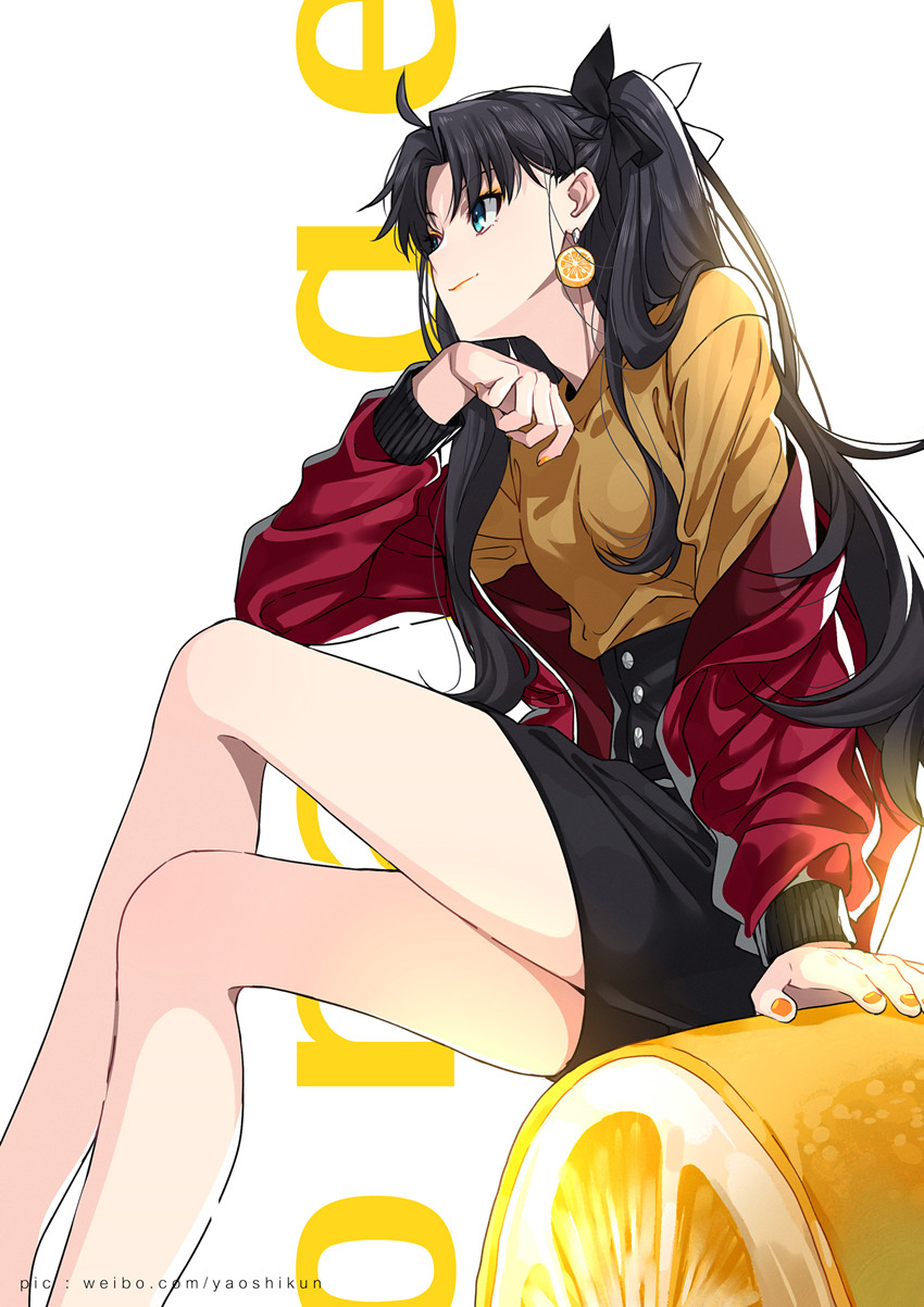 1girl bangs black_hair black_skirt blue_eyes crossed_legs earrings english_text fate/stay_night fate_(series) feet_out_of_frame food food_themed_earrings fruit highres jacket jewelry long_hair long_sleeves off_shoulder orange orange_earrings orange_nails orange_slice oversized_food profile red_jacket shirt sitting skirt solo toosaka_rin watermark web_address yaoshi_jun yellow_shirt