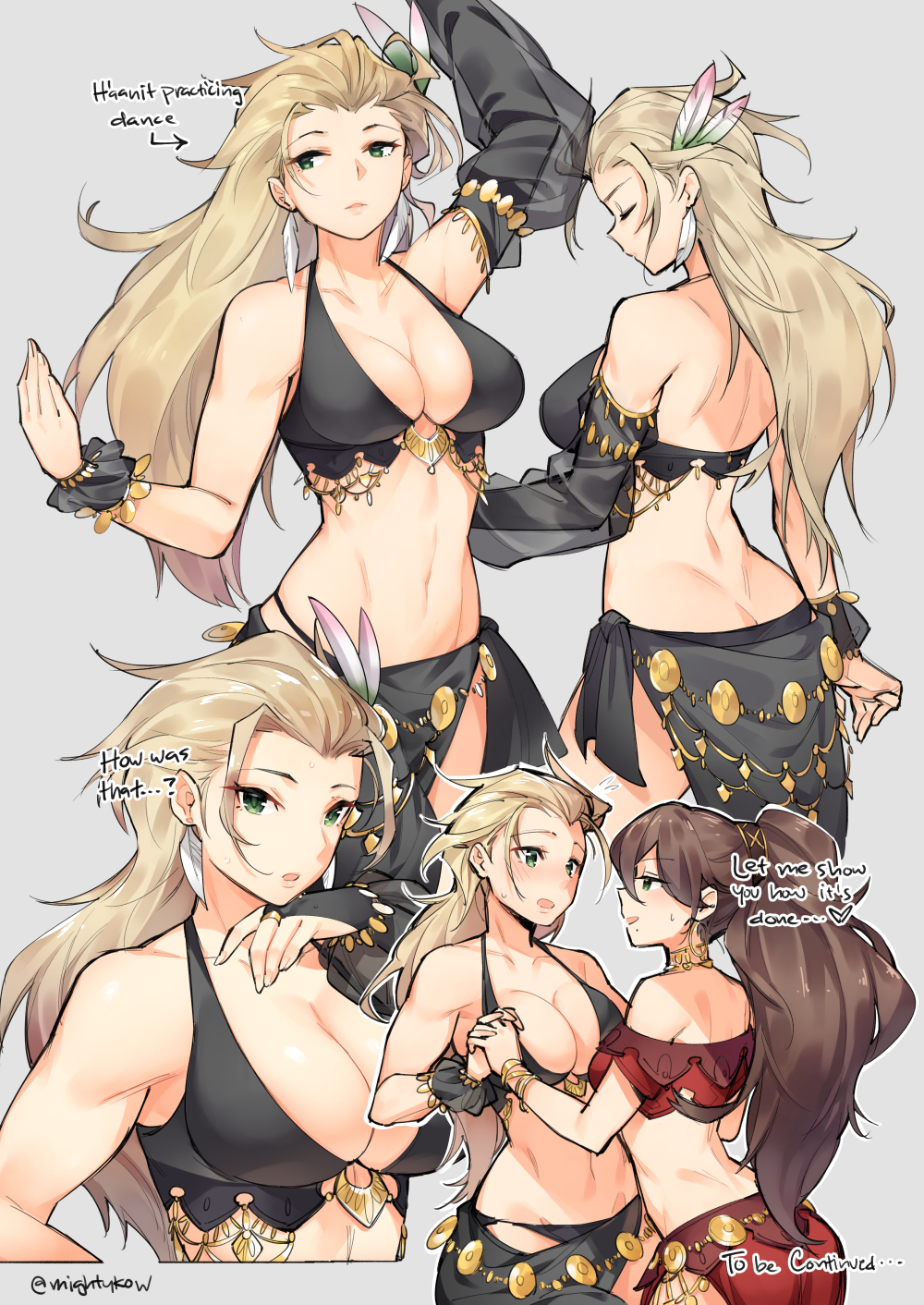 2girls arms_up ass black_dress blonde_hair breasts brown_hair chain dancer dress expressionless feathers gebyy-terar gold_bracelet gold_chain green_eyes h'aanit_(octopath_traveler) hair_pulled_back highres holding_hands large_breasts lips multiple_girls multiple_views navel no_bangs octopath_traveler ponytail primrose_azelhart red_dress to_be_continued wristband yuri