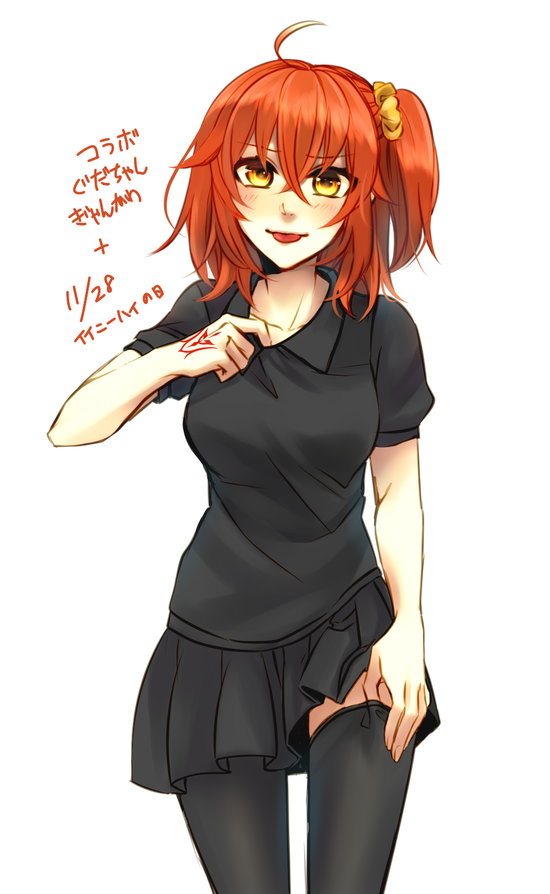 1girl ahoge black_legwear black_shirt black_skirt collarbone collared_shirt eyebrows_visible_through_hair fate/grand_order fate_(series) fujimaru_ritsuka_(female) hair_between_eyes hair_ornament hair_scrunchie long_hair looking_at_viewer miniskirt orange_hair pleated_skirt redrabbit44 scrunchie shirt short_sleeves side_ponytail simple_background skirt smile solo standing thighhighs tongue tongue_out white_background wing_collar yellow_eyes yellow_scrunchie