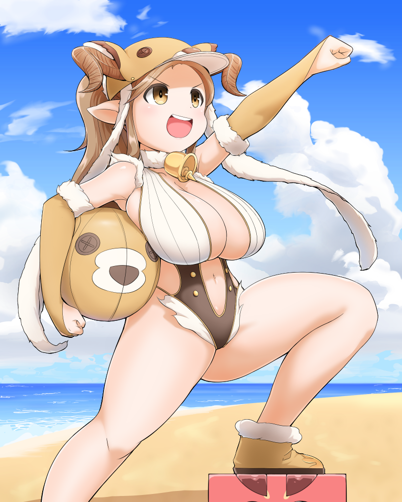 1girl :d arm_up ball beach beachball bell breast_press breasts brown_eyes brown_gloves brown_hair casual_one-piece_swimsuit cleavage cloud daetta_(granblue_fantasy) draph elbow_gloves feet_out_of_frame fingerless_gloves from_side fur_collar fur_trim gloves granblue_fantasy grin hat horns huge_breasts knee_up magure_senshi navel one-piece_swimsuit open_mouth pointy_ears shoes sky slingshot_swimsuit smile solo swimsuit teeth thick_thighs thighs v-shaped_eyebrows