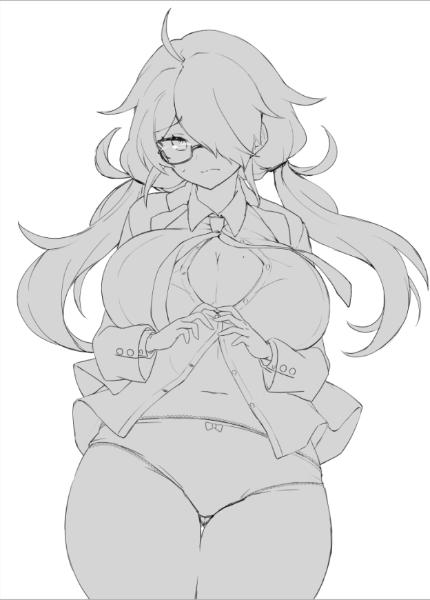 ahoge breasts center_opening cleavage glasses large_breasts long_hair low_twintails messy_hair mole mole_on_breast monochrome navel necktie original panties shirt twintails underwear yamaarashi