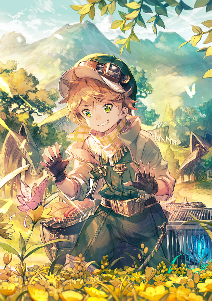 1boy bag black_gloves blue_butterfly brown_hair bug butterfly cage cloud commentary_request day duffel_bag fingerless_gloves flower gloves goggles goggles_on_headwear granblue_fantasy green_eyes grin hat highres house insect male_focus mountain outdoors pants scorpion5050 shirt short_hair sky smile solo standing syr_(granblue_fantasy) tree