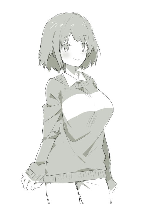 1girl blush breasts chara_(undertale) closed_mouth large_breasts long_sleeves looking_at_viewer oshiruko_(tsume) shirt short_hair simple_background smile solo striped striped_shirt underfell underswap undertale white_background