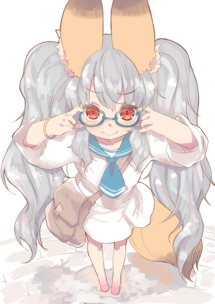 1girl animal_ear_fluff animal_ears azuki_akizuki bag blue-framed_eyewear blue_neckwear blue_sailor_collar closed_mouth collarbone commentary_request copyright_request dress fox_ears fox_girl fox_tail full_body glasses grey_hair hands_up long_hair long_sleeves looking_at_viewer red_eyes sailor_collar sailor_dress semi-rimless_eyewear shoulder_bag smile solo standing tail twintails under-rim_eyewear very_long_hair white_dress
