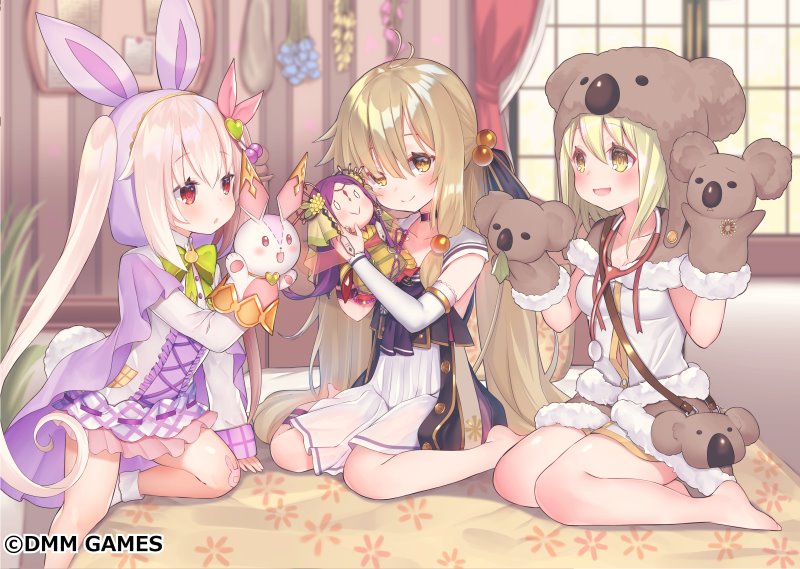 3girls :d animal_bag animal_ears bag bangs barefoot black_choker blurry blurry_background blush brown_eyes brown_hair brown_shorts bunny_ears cape character_doll choker closed_mouth collarbone commentary_request curtains depth_of_field dress eyebrows_visible_through_hair fake_animal_ears flower_knight_girl fur-trimmed_shirt fur-trimmed_shorts gogyou_(flower_knight_girl) hair_between_eyes hair_bobbles hair_ornament hair_over_one_eye hand_puppet hood hood_up hooded_cape indoors koala_ears koala_hat koonitabirako_(flower_knight_girl) light_brown_hair long_hair long_sleeves multiple_girls official_art open_mouth puppet purple_cape red_eyes sailor_collar shirt short_shorts shorts shoulder_bag sitting sleeves_past_wrists smile suzuho_hotaru twintails usagigoke_(flower_knight_girl) very_long_hair watermark white_dress white_sailor_collar white_shirt window yokozuwari yuukari_(flower_knight_girl)