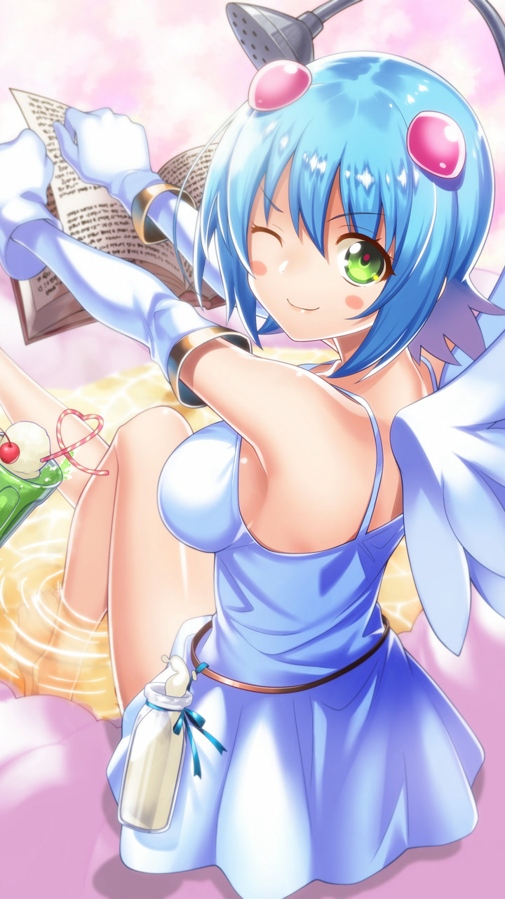 1girl angel angel_wings asymmetrical_wings back bangs bare_shoulders bathing blue_hair blush book bottle breasts closed_mouth cup dress drinking_straw elbow_gloves eyebrows_visible_through_hair from_behind gloves green_eyes hair_ornament highres holding holding_book looking_at_viewer medium_breasts milk milk_bottle nanael official_art one_eye_closed queen's_blade queen's_blade_unlimited queen's_blade_white_triangle shiny shiny_hair shiny_skin short_hair showering smile solo wading water white_dress wings