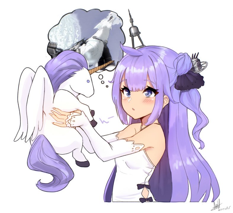 1girl ahoge azur_lane blush commentary_request detached_sleeves dress edward_montenegro hair_bun hair_ribbon imagining lifting long_hair one_side_up parted_lips purple_eyes purple_hair ribbon side_bun simple_background stuffed_alicorn stuffed_animal stuffed_pegasus stuffed_toy stuffed_unicorn unicorn_(azur_lane) white_background white_dress